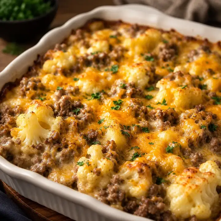 Keto Ground Beef & Cheesy Cauliflower Casserole
