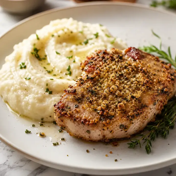 Keto Herb-Crusted Pork Chops with Cauliflower Mash