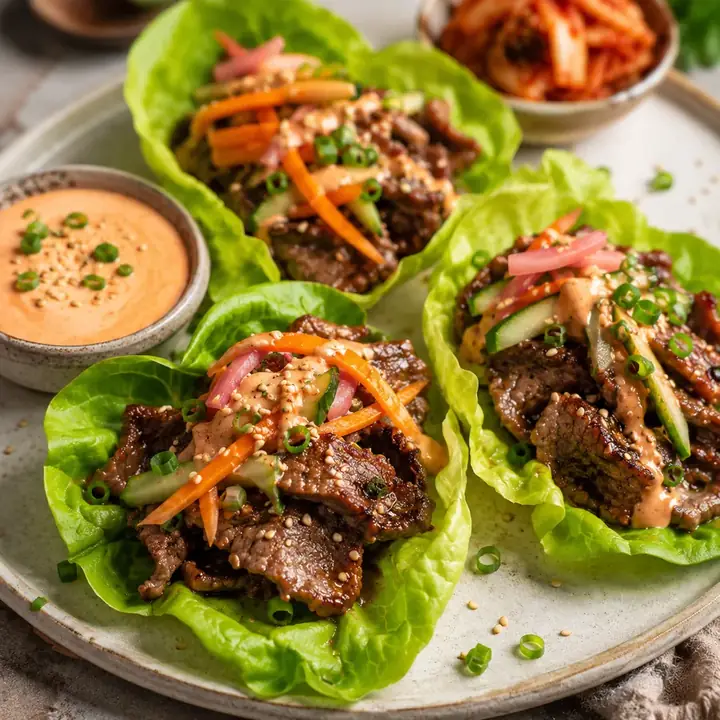 Moderate Carb Korean BBQ Beef Wraps with Pickled Veggies and Low-Carb Kimchi Mayo