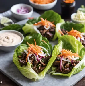 Moderate Carb Korean BBQ Beef Wraps with Pickled Veggies and Low-Carb Kimchi Mayo