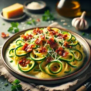 Low Carb Zucchini Noodle Carbonara with Crispy Bacon